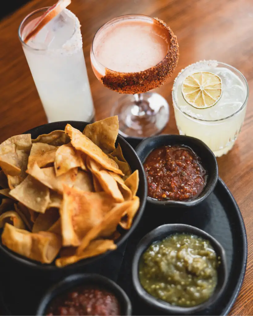 Trio de salsas, margarita, paloma and mangonada